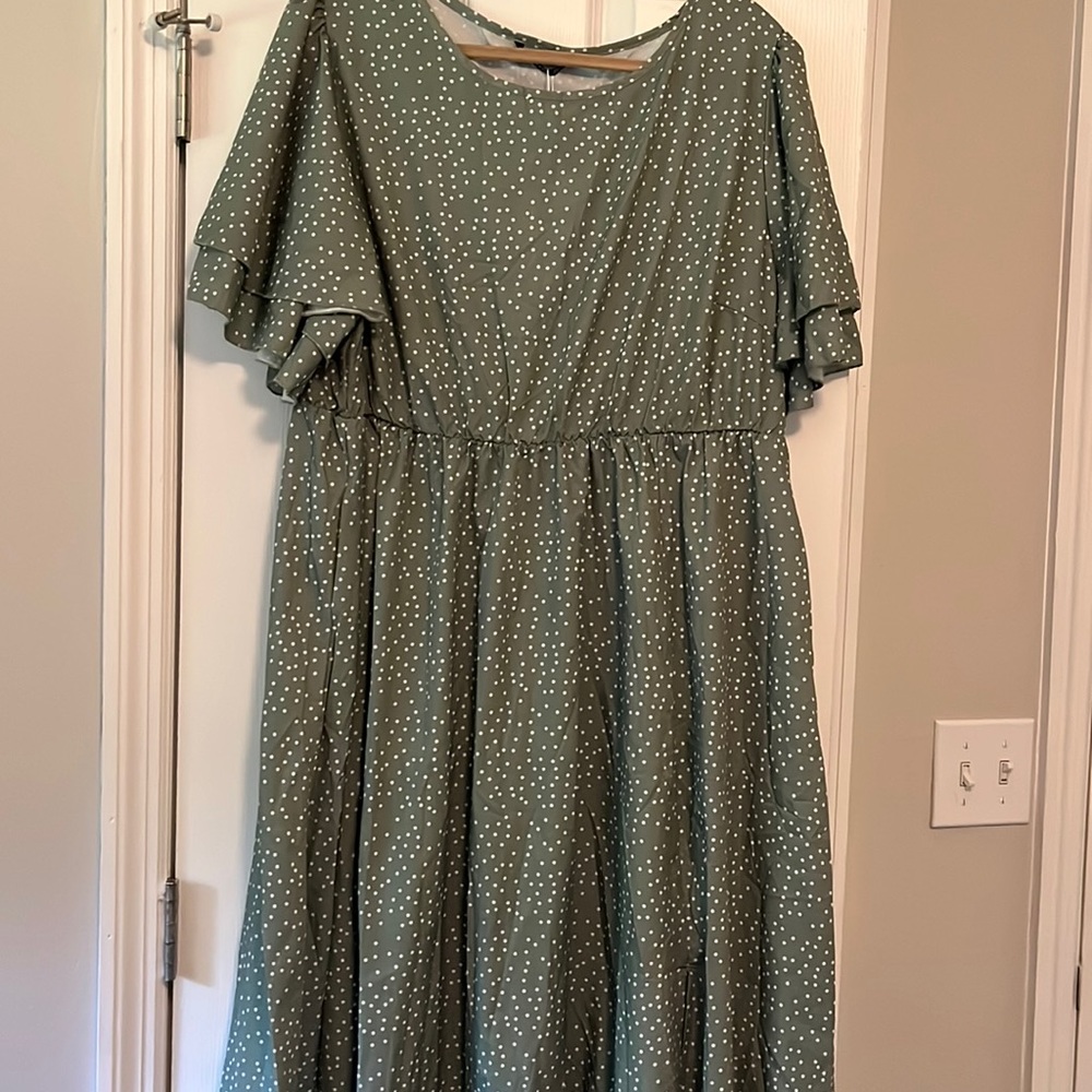 New!Green Polka Dot Pocket Ruffles Split Maxi Dress Womens Size 22-24 or 3X